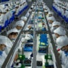 Dozens of workers clad in white frocks and hats work on pods for e-cigarettes at a Chinese factory.